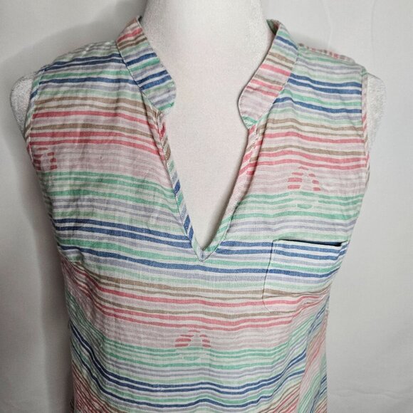 Hiho Rainbow Striped Print Small Linen Dress Sleeveless Pastel Shift Dress - Picture 2 of 7